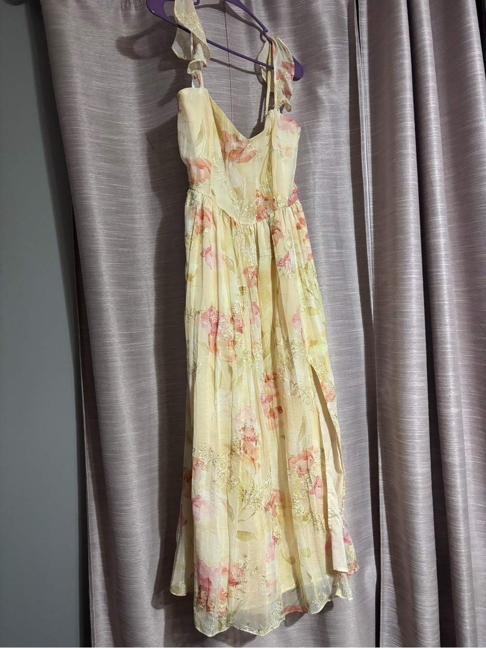 Lulu's Pale Yellow Floral Maxi Dress with Pink Accents - Picture 1 of 5